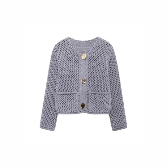 Damen luftige Strickjacke mit durchbrochenem Muster und praktischen Taschen R&B
