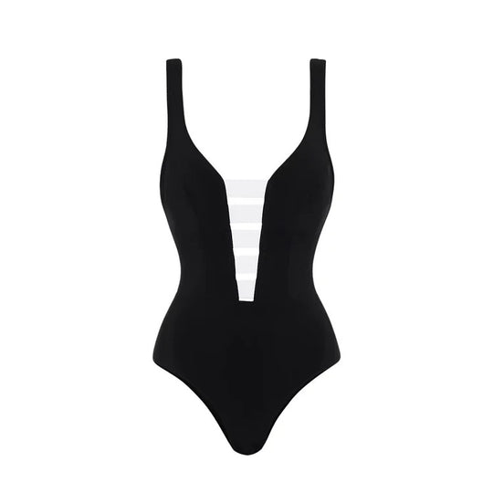 Damen eleganter Einteiler mit raffiniertem Transparentstreifen und voluminösem Maxi-Rock R&B