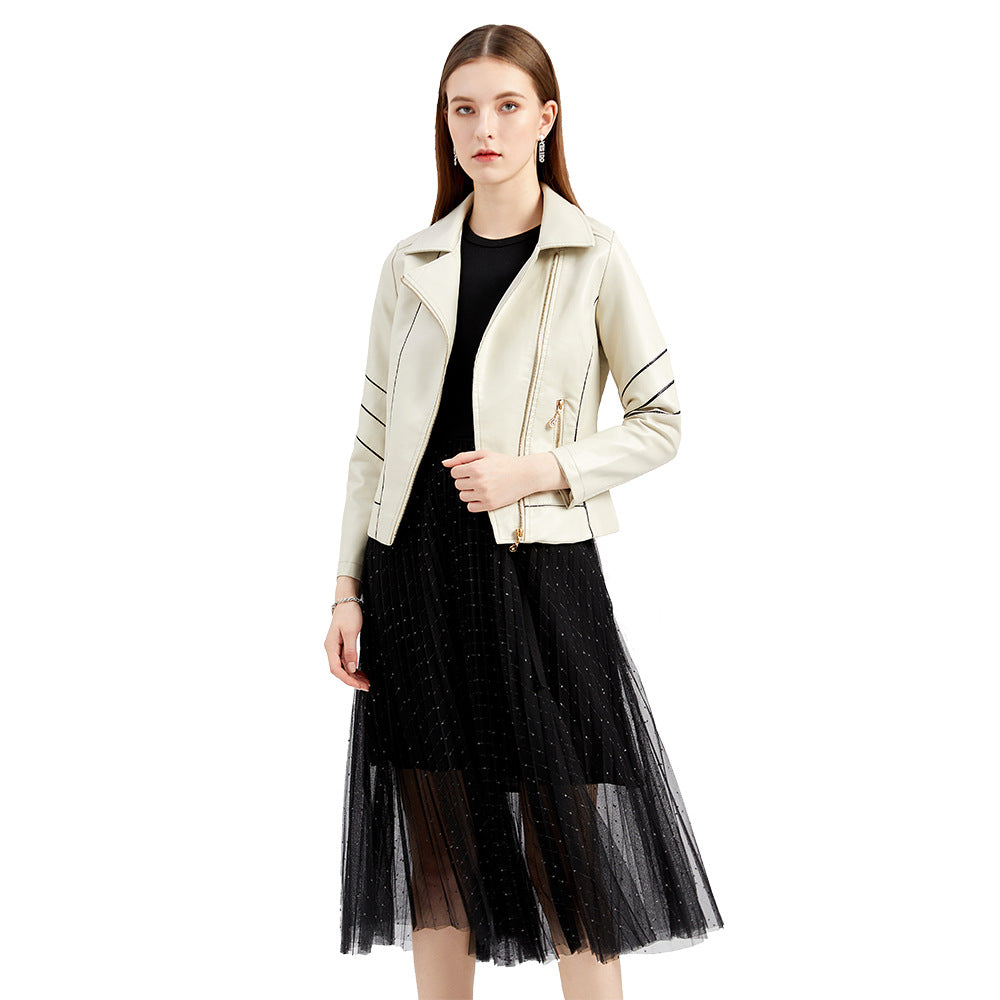 Damen nan taillierte Kunstleder-Bikerjacke mit asymmetrischem Reißverschluss und Ziernähten R&B