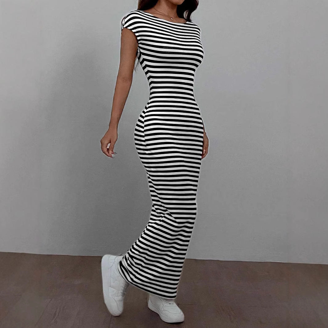 Damen Maxikleid mit offenem Rücken und Stripes R&B