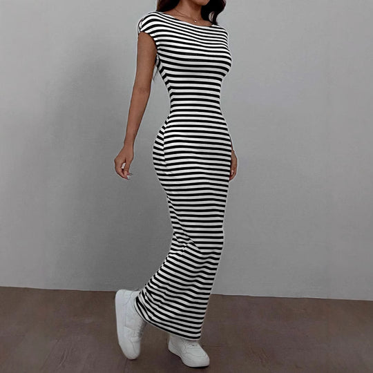 Damen Maxikleid mit offenem Rücken und Stripes R&B