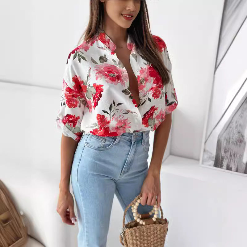 Damen blumige Oversize-Bluse mit kurzen Ärmeln R&B