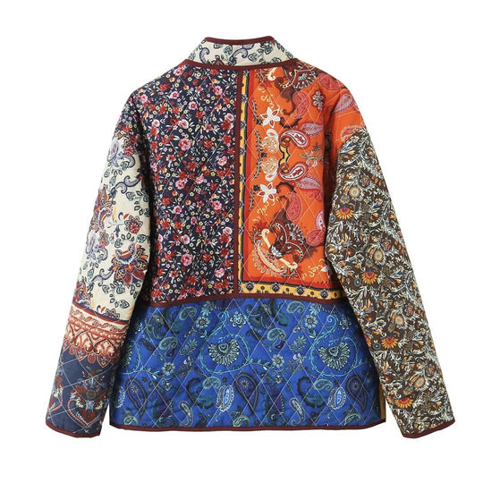 Damen gesteppte Patchwork-Jacke mit praktischen Taschen und farbenfrohem Muster R&B