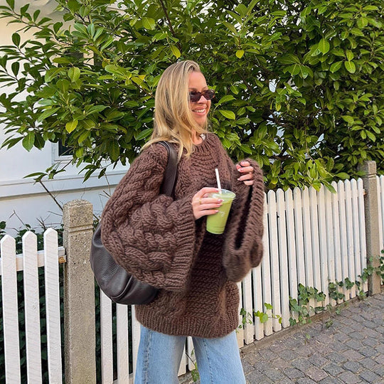 Damen Grobstrickpullover mit weiten Ärmeln R&B