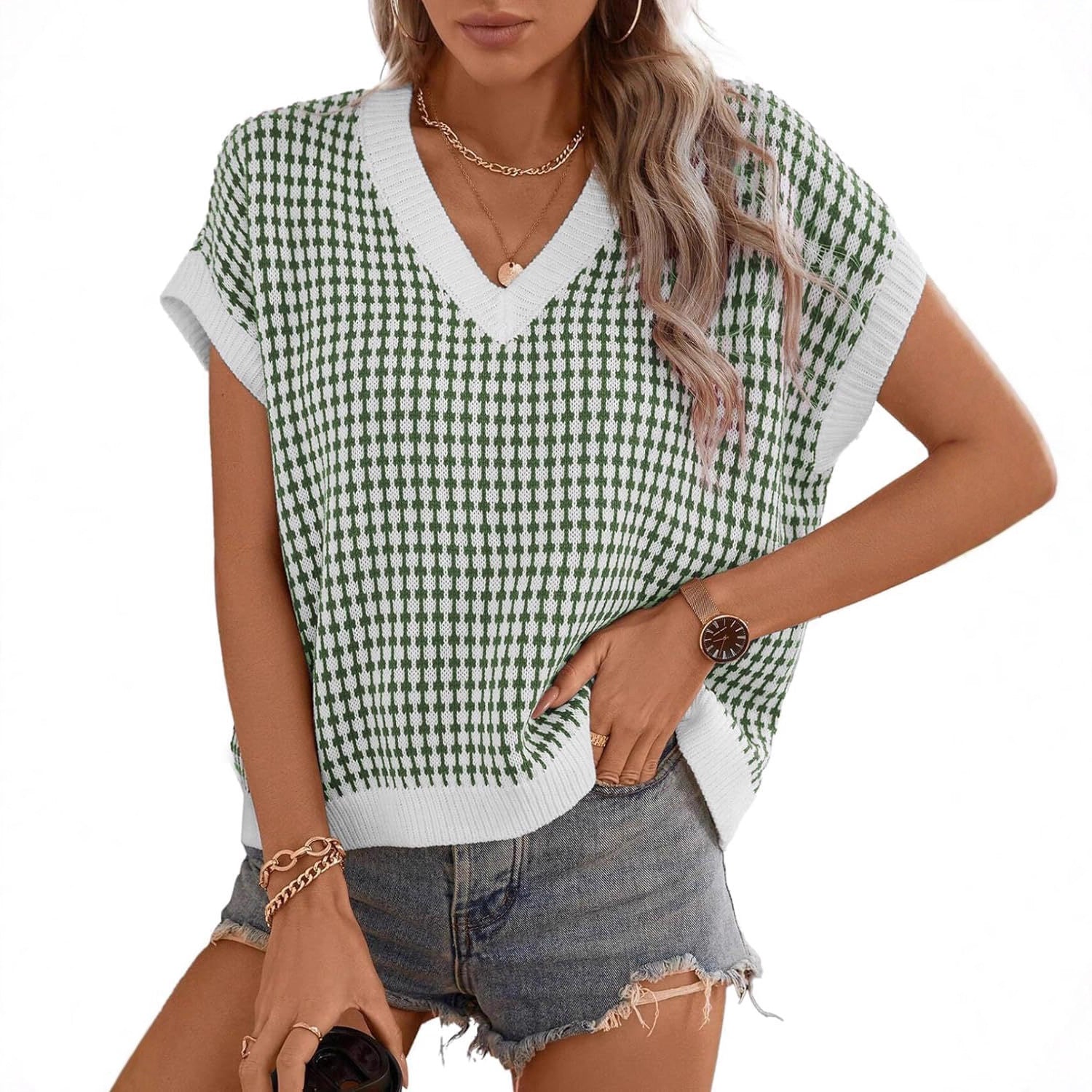 Damen lässiger V-Ausschnitt Pullover mit geometrischem Muster R&B