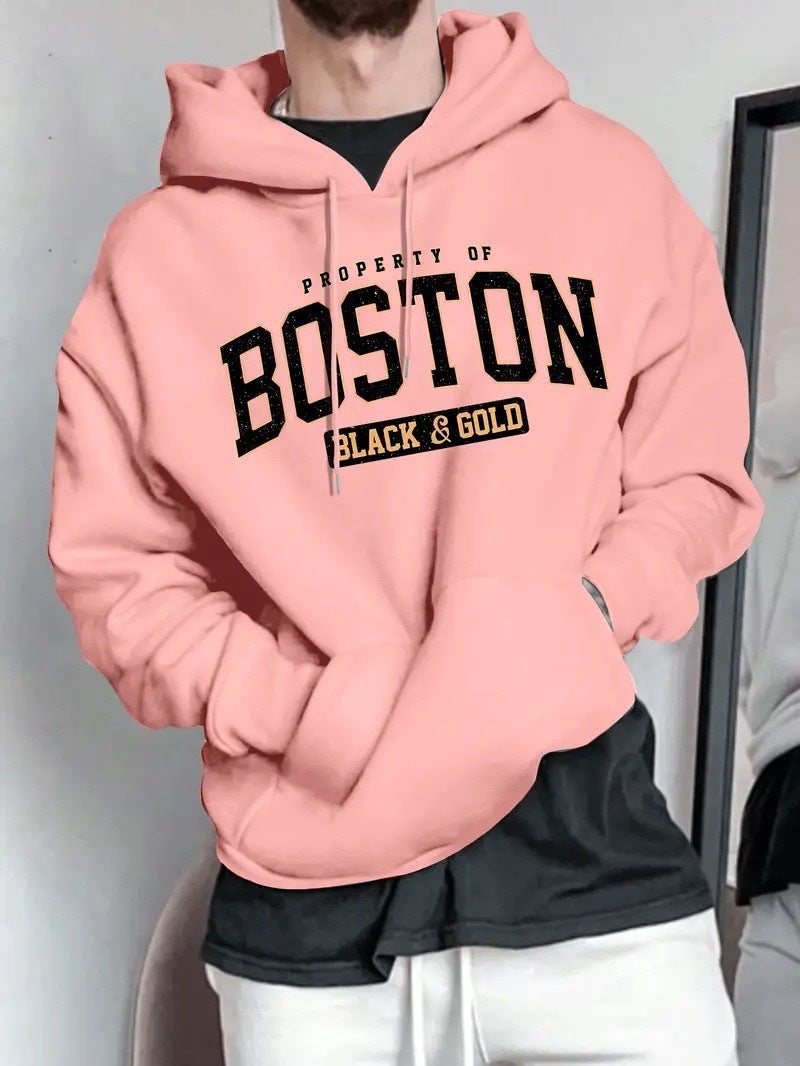 Herren Kapuzensweater mit auffälligem Boston-Print und weicher Innenseite R&B