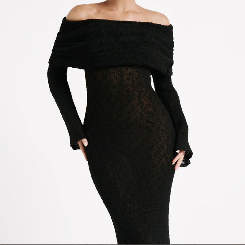 Damen Off-Shoulder Maxikleid mit langem Arm und elegantem Stoff R&B
