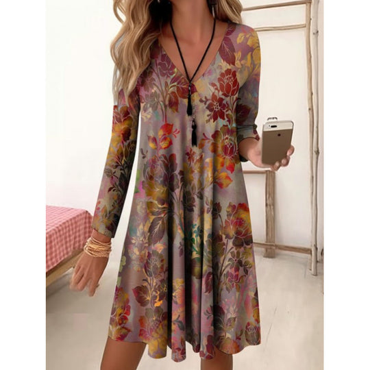 Damen V-Ausschnitt Freizeitkleid mit floraler Gestaltung und seitlichen Taschen R&B