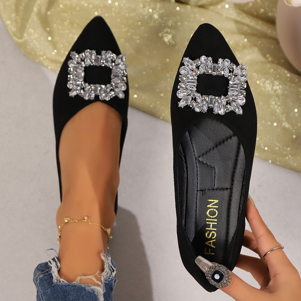 Damen elegante Ballerinas mit funkelnder Kristall-Applikation R&B