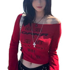 Damen figurbetontes Off-Shoulder Oberteil mit langen Ärmeln und modischem Schriftzug