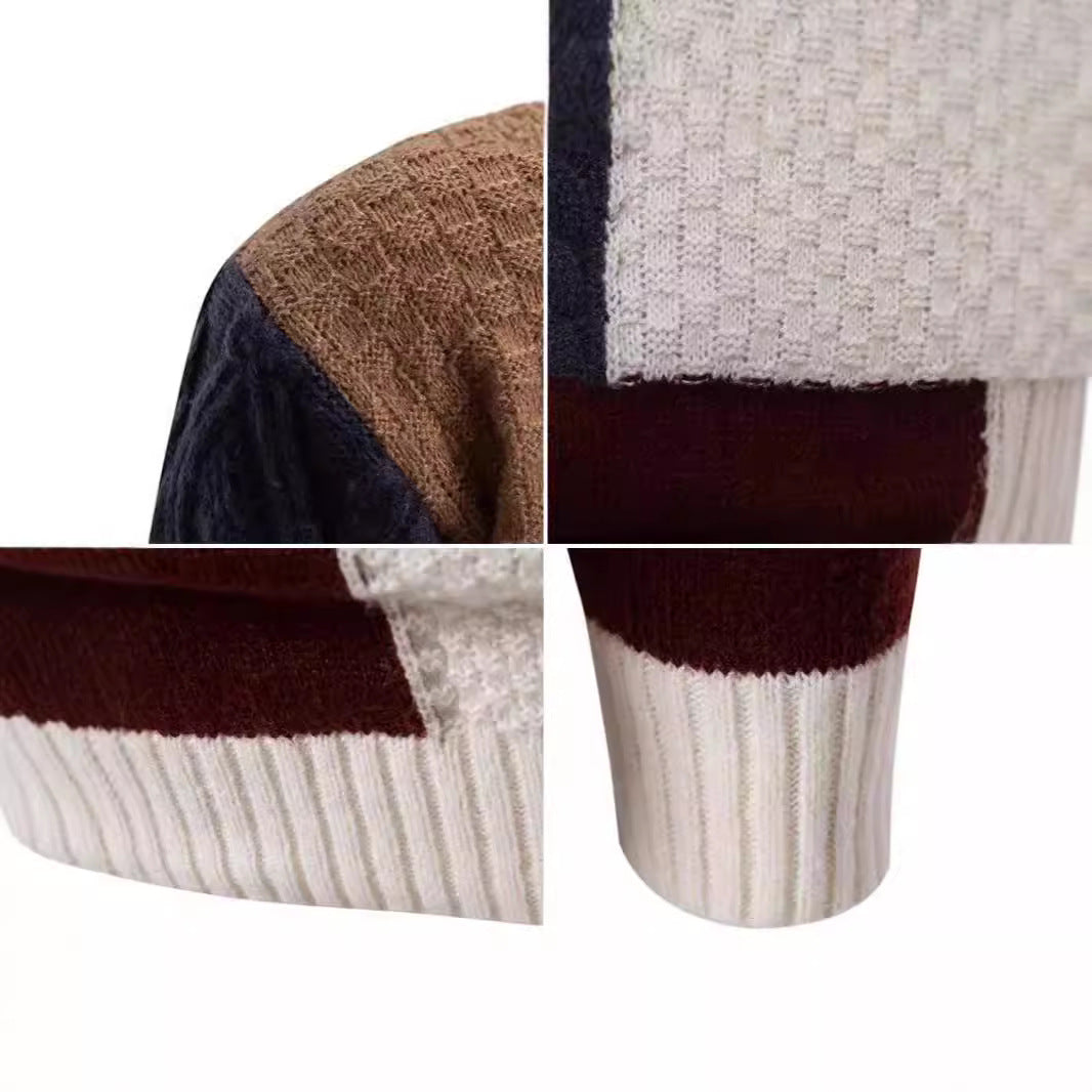 Herren modischer Strickpullover mit kreativem Farbblockdesign und hohem Kragen