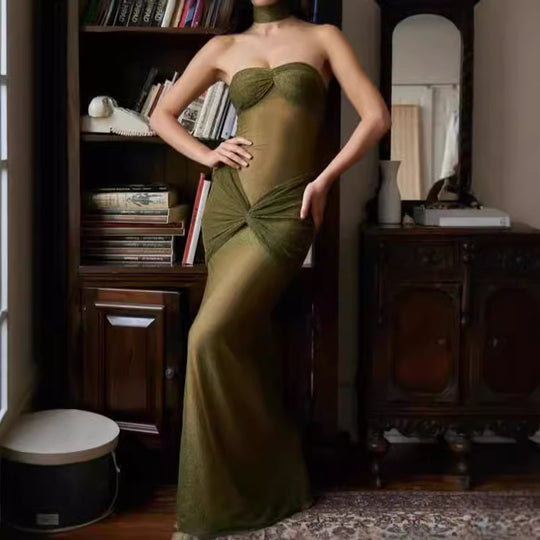 Damen Elegantes Maxikleid mit transparentem Oberteil und glamourösen Akzenten R&B