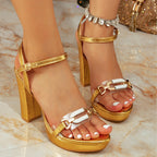Damen Modische Riemchen-Sandalen mit transparenten Einsätzen und breitem Blockabsatz R&B