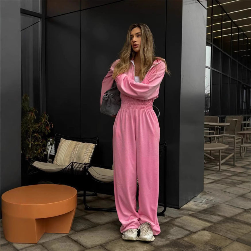 Damen Eleganter Fleece-Jumpsuit mit hohem Kragen und weit geschnittenen Beinen R&B