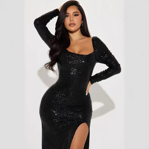 Damen Elegantes Pailletten Maxikleid mit tiefem Schlitz und figurbetontem Schnitt R&B