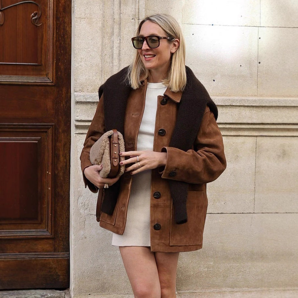 Damen elegante und bequeme Kunstlederjacke mit Taschen R&B