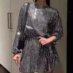 Damen Funkelndes Minikleid mit raffiniertem Faltenwurf und glamorous Ärmeln R&B