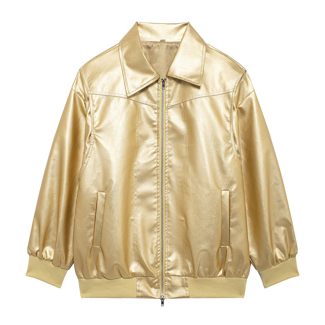 Damen Elegante Kunstlederjacke mit hochstehendem Kragen und elastischen Bündchen R&B