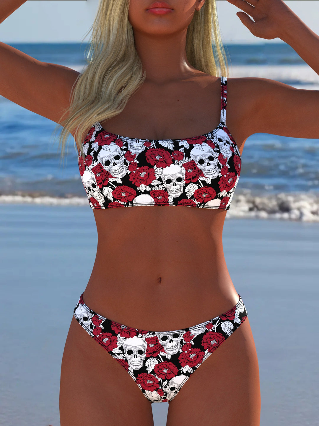 Damen Bikini-Set mit modernem Totenkopf- und Blumenmuster R&B