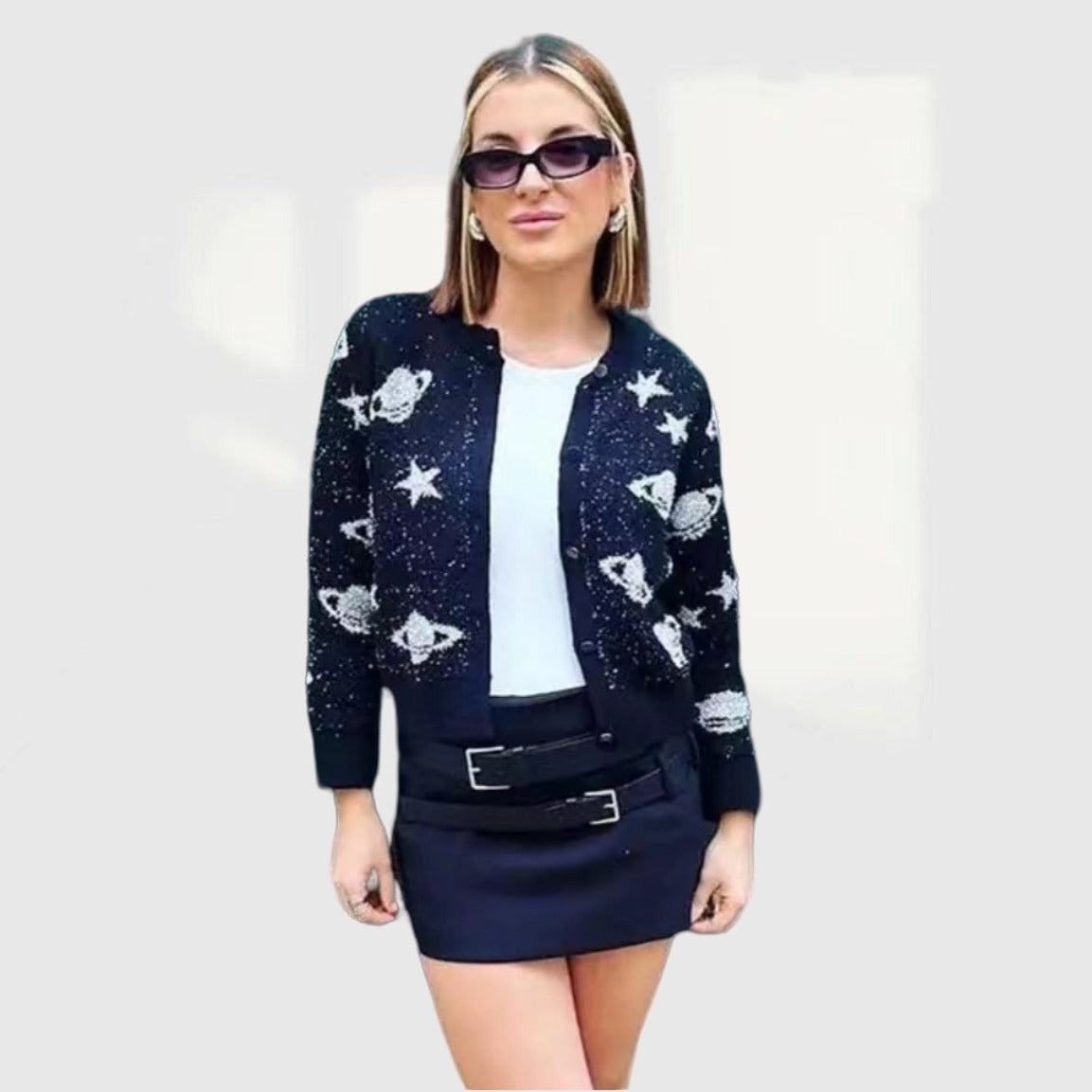 Damen modische Strickjacke mit auffälligem Sternen- und Planetenmotiv R&B