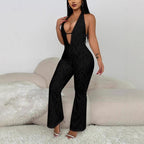 Damen eleganter Jumpsuit mit tiefem V-Ausschnitt und Spitzendetails R&B