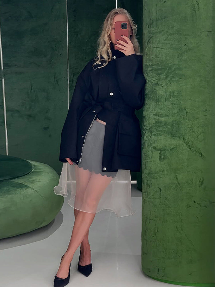 Damen Langer Trenchcoat mit breitem Kragen und taillierbarem Gürtel R&B