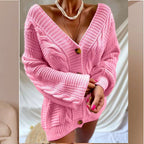 Damen Grobstrick Cardigan mit V-Ausschnitt und Knopfdetails R&B