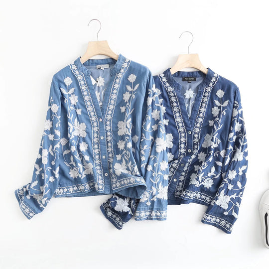 Damen bestickte Bluse im Vintage-Stil mit elegantem Kragen und Druckknopfverschluss R&B