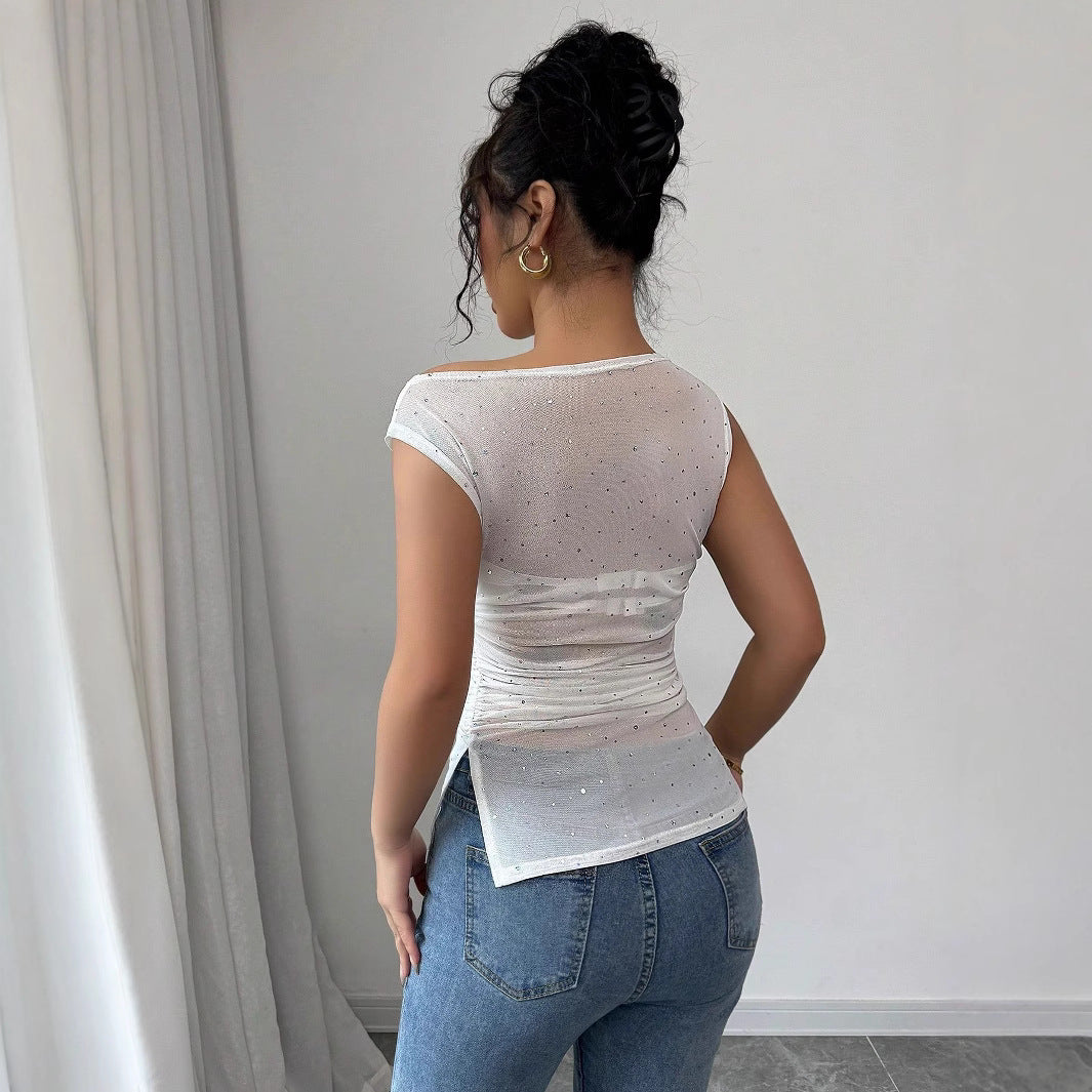 Damen nan figurbetontes Mesh-Top mit Strassbesatz, asymmetrischem Ausschnitt und Taillenraffung R&B