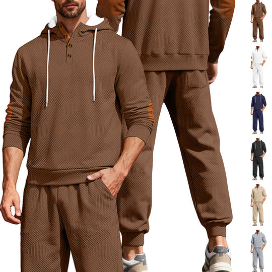 Herren nan strukturiertes Kapuzen-Joggingset mit Henley-Knopfleiste und Kontrast-Ellenbogenpatches R&B