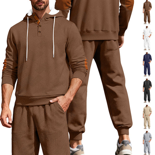Herren nan strukturiertes Kapuzen-Joggingset mit Henley-Knopfleiste und Kontrast-Ellenbogenpatches R&B