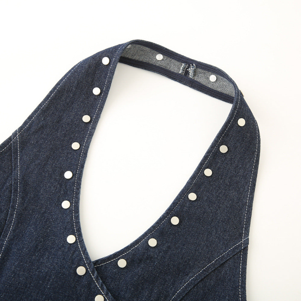 Damen elegante Denim-Weste mit dekorativen Druckknöpfen und lässigem Schnitt R&B