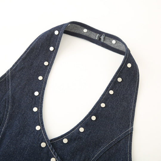 Damen elegante Denim-Weste mit dekorativen Druckknöpfen und lässigem Schnitt R&B