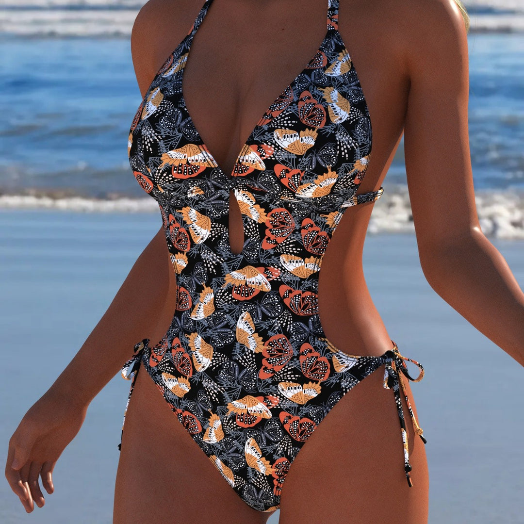 Damen Einteiler Badeanzug mit floralem Cut-Out-Design und verstellbaren Bindebändern R&B