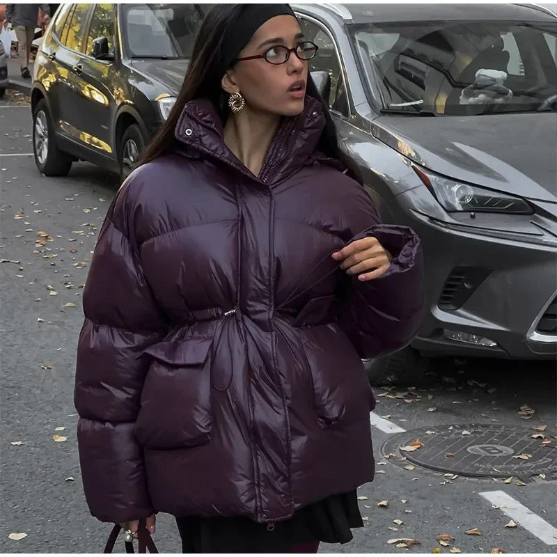 Damen modische oversized Daunenjacke mit Taillengürtel und seitlichen Taschen R&B
