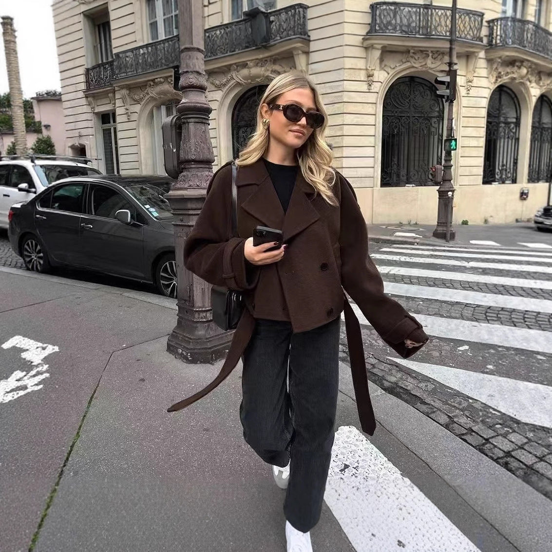 Damen modische cropped Jacke mit breitem Kragen und tailliertem Schnitt R&B
