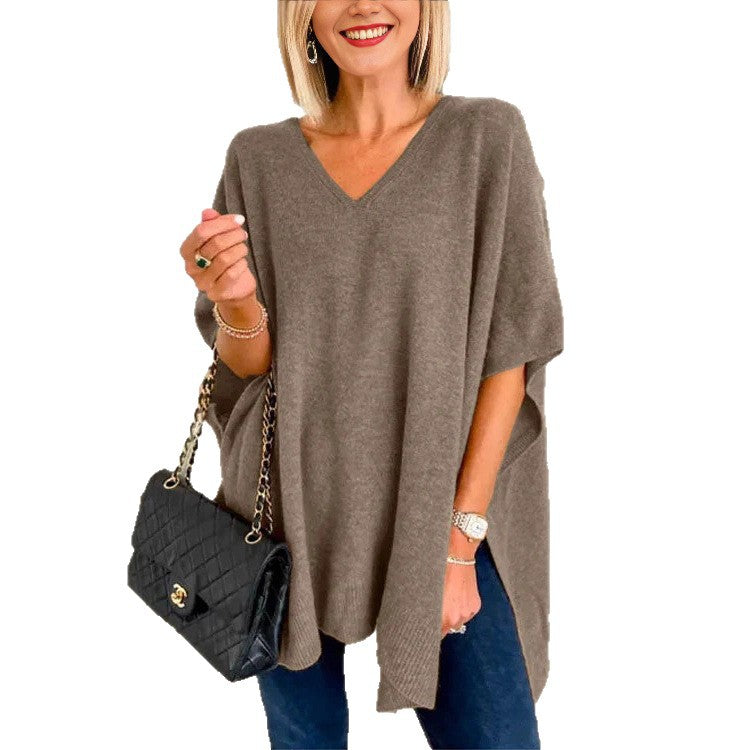 Damen lässiger Strickponcho mit V-Ausschnitt und übergroßem Schnitt R&B