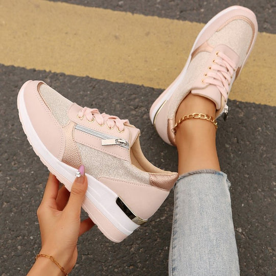 Damen modische Sneakers mit glänzendem Obermaterial und seitlichem Reißverschluss R&B