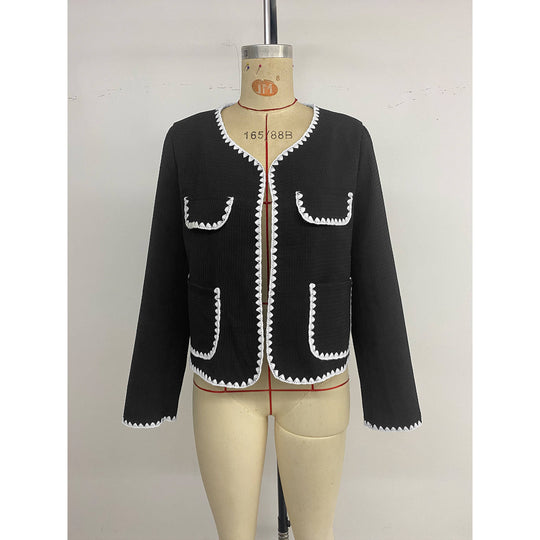 Damen elegante kurzärmelige Blazerjacke mit kontrastierenden Paspelverzierungen und Taschen R&B