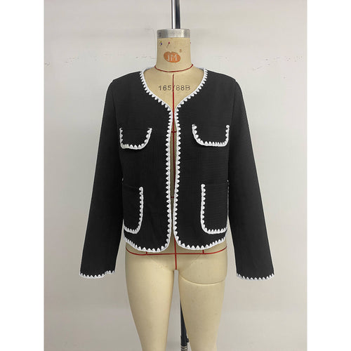 Damen elegante kurzärmelige Blazerjacke mit kontrastierenden Paspelverzierungen und Taschen R&B
