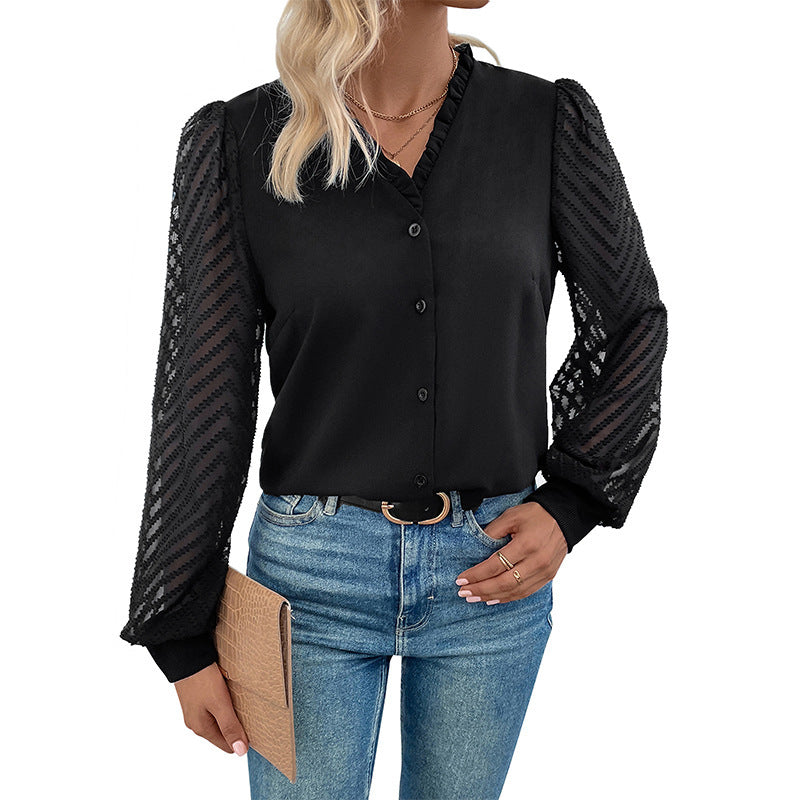 Damen elegante Bluse mit transparenten Rüschärmel und Knopfleiste R&B