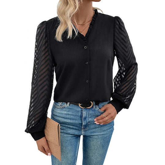 Damen elegante Bluse mit transparenten Rüschärmel und Knopfleiste R&B