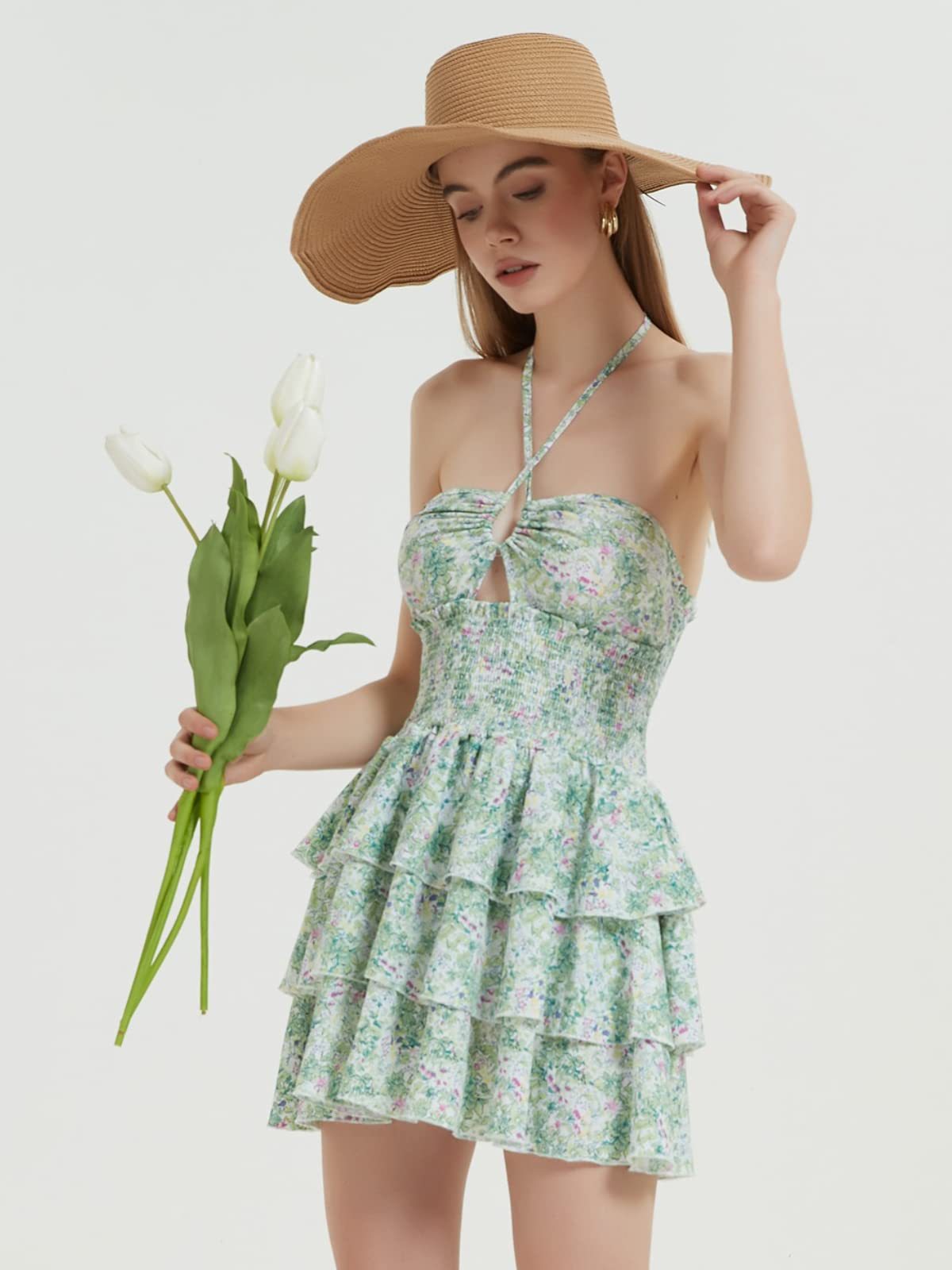 Damen Rüschenkleid mit trägerlosem Design und floralem Muster R&B