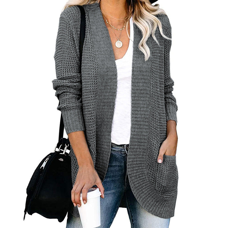 Damen lässige Strickjacke mit offenen Ärmeln und praktischen Taschen R&B