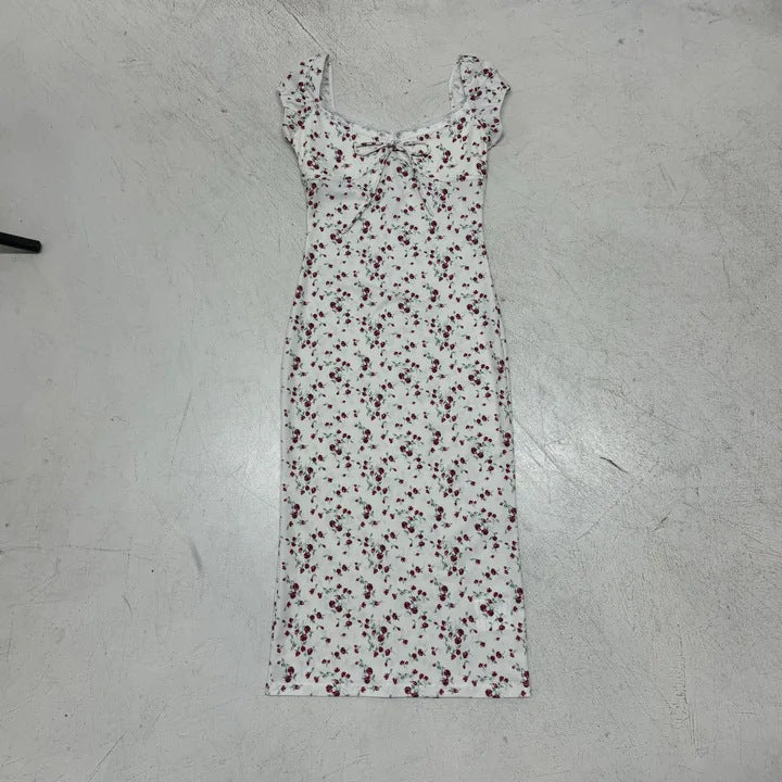 Damen Midikleid mit verspieltem Blumendruck und bindbaren Trägern R&B