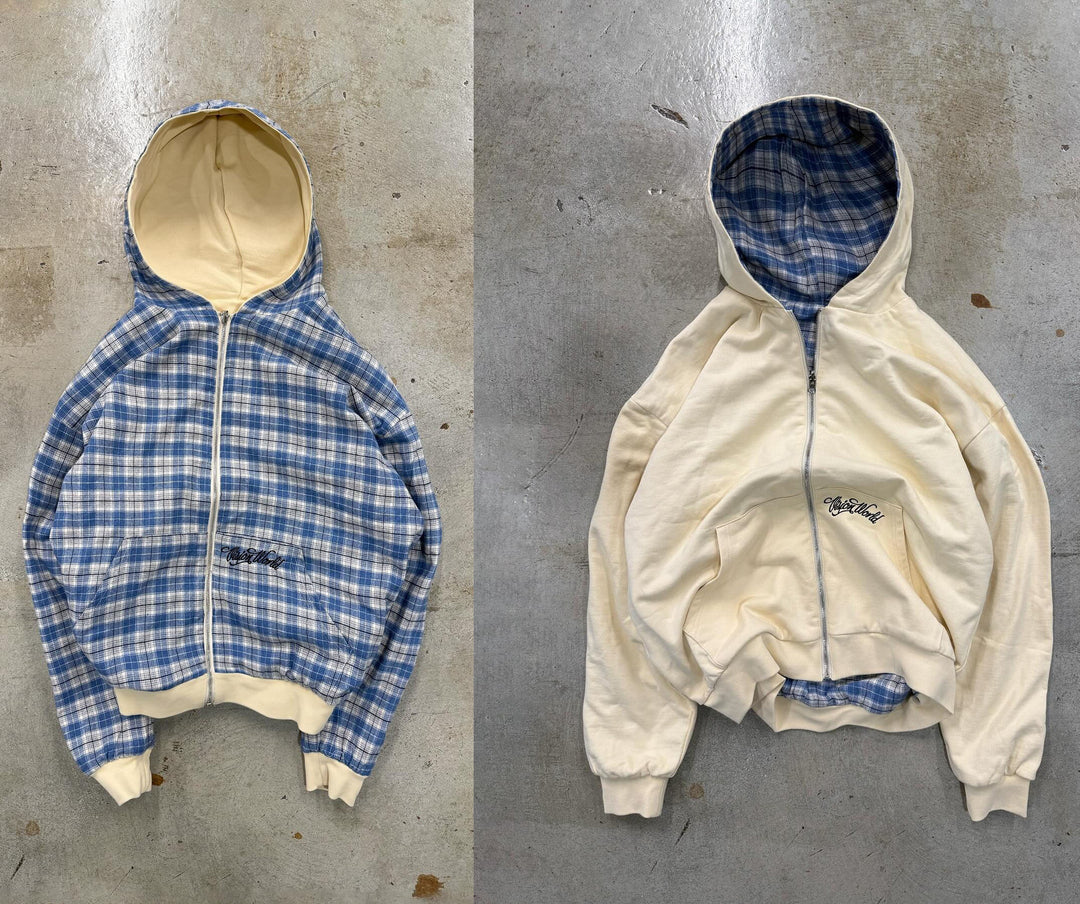 Unisex nan wendbare Kapuzenjacke mit kariertem Innenfutter, durchgehendem Reißverschluss und Kängurutasche R&B