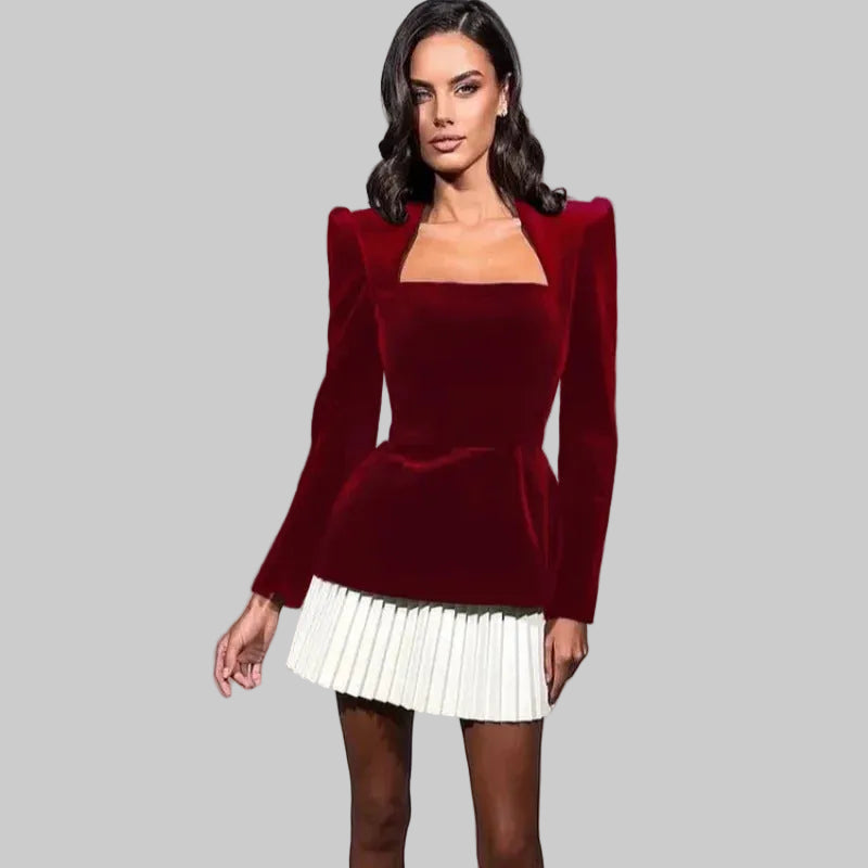 Damen Elegantes Samtoberteil mit langem Arm und quadratischem Ausschnitt