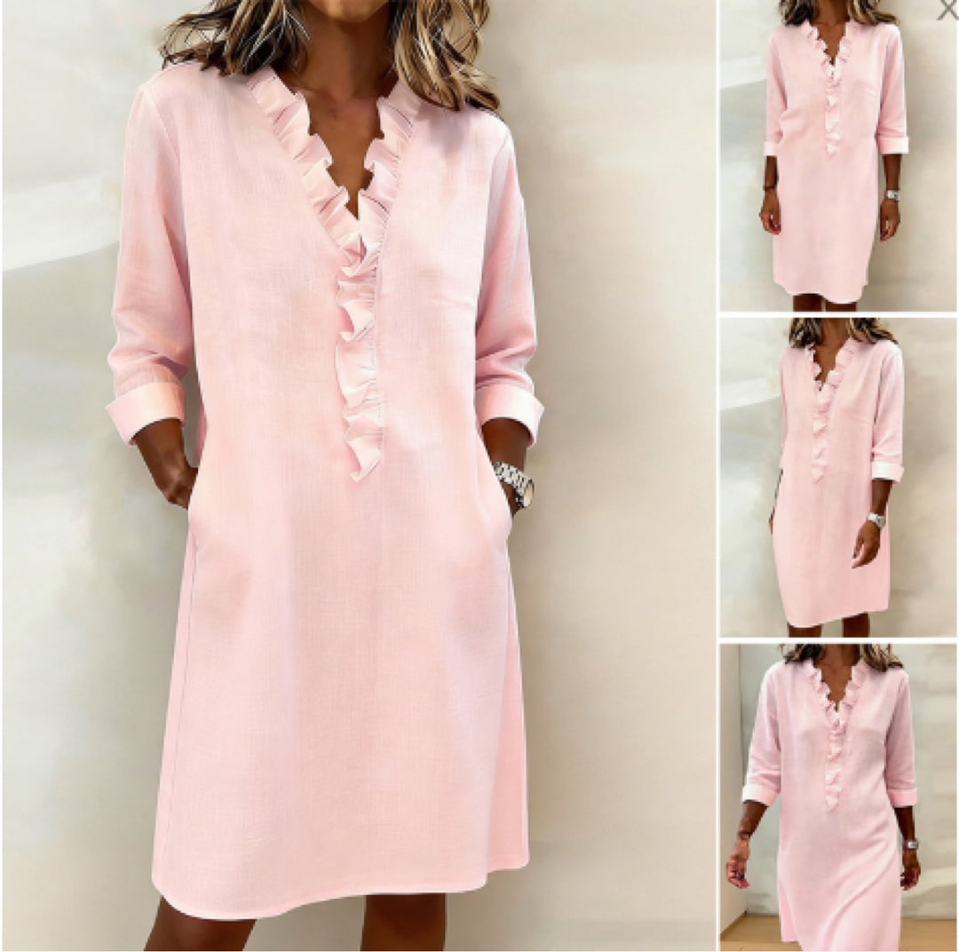 Damen Freizeitkleid mit Rüschen und V-Ausschnitt R&B