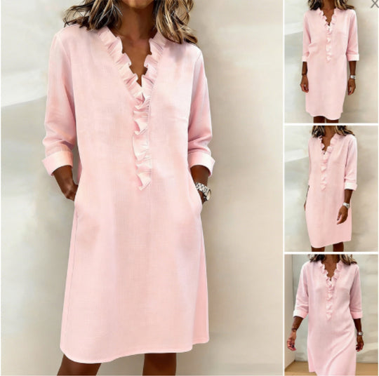 Damen Freizeitkleid mit Rüschen und V-Ausschnitt R&B