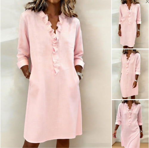 Damen Freizeitkleid mit Rüschen und V-Ausschnitt R&B